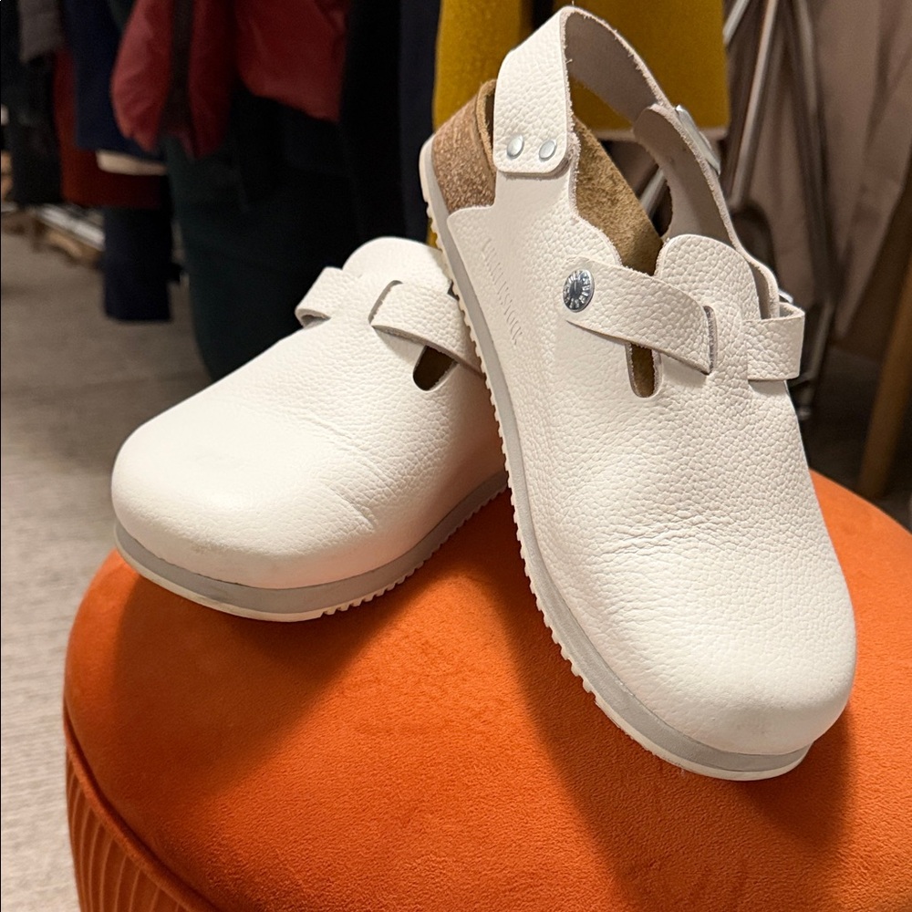 Birkenstock White Leather Slip-On Shoes with buckle